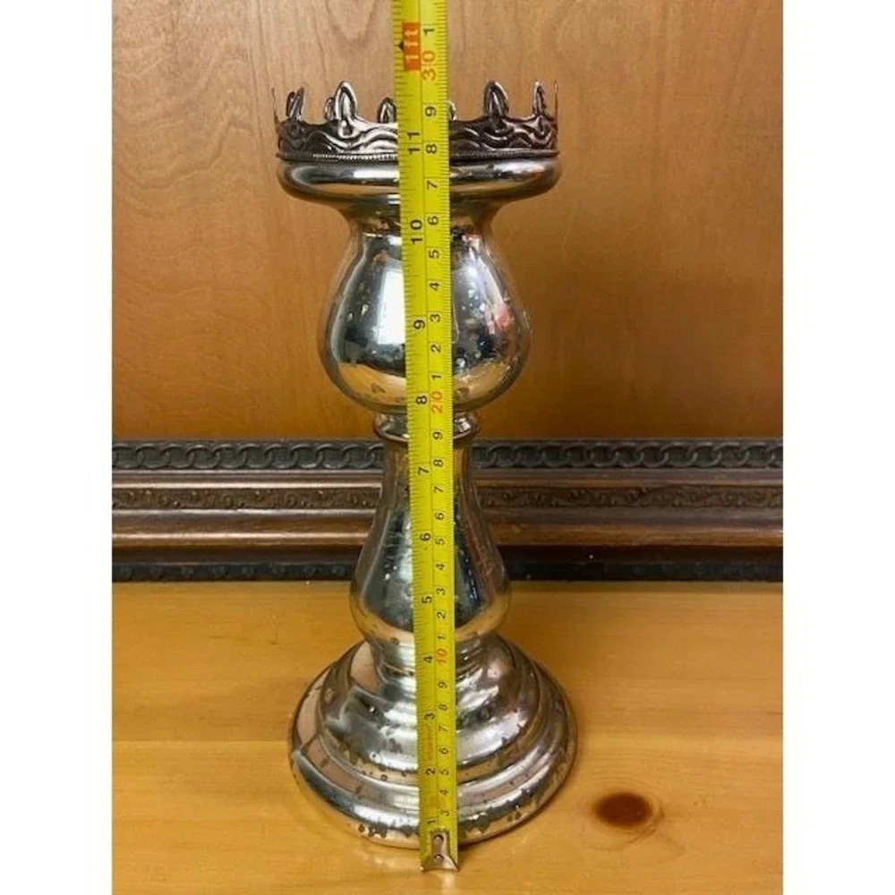 Mercury Glass Crown Pillar Candle Holder Silver Antiqued Pedestal 11.5 Inch NBC